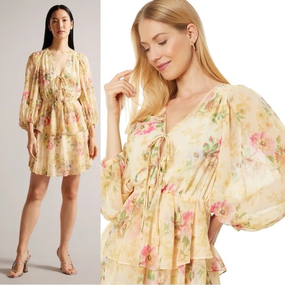 Ted Baker London Dresses & Skirts - Ted Baker V-Neck GGT Printed Tie-front Mini Floral Chiffon Dress Yellow Accents
